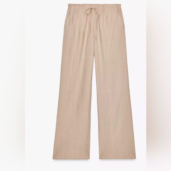 Zara Beige Textured Wave Crinkle Gauze Wide Leg Elastic Waist Sz S Pockets Boho - Picture 2 of 13